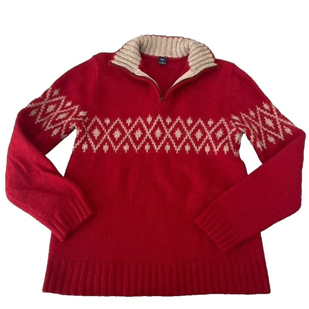 GAP 100% Lambswool Nordic Fair Isle 1/4 Zip Sweater Red Cream Mens M‎